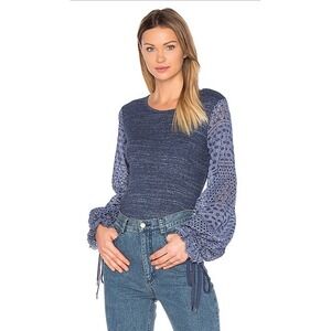 See by Chloe Eyelet Sleeve Top Indigo Blue Womens  XS Sz2 Sweater Knit Tie Cuffs